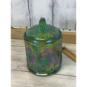 Vintage Indiana Glass Iridescent Green Harvest Grape Carnival Canister Jar 1970s